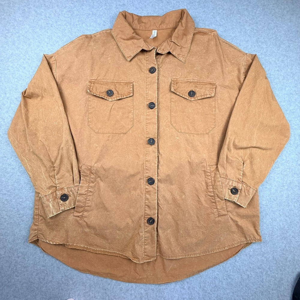 Zenana Women 1X Mineral Wash Cotton Shacket Brown Oversized
